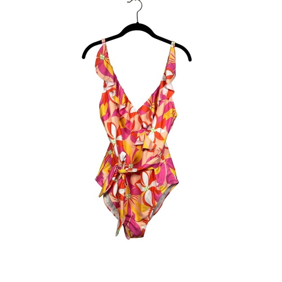 NWOT Pink Lily Retro One Piece Bathing Suit & Gauzy Overall Cover-Up, Size Large - Picture 1 of 11